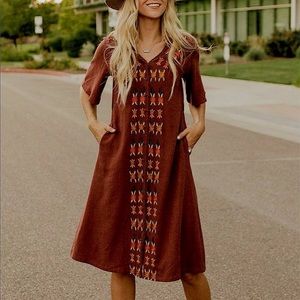 ROOLEE Honey and Pine Embroidered Linen Button Front Midi Dress